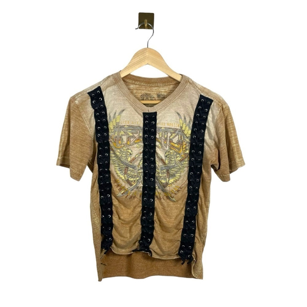 Affliction Graphic Lace Up Death Metal Tour Tee in Brown/Black Size S